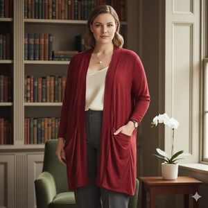 Kiyonna Plus 4X 26/28 Open Front Burgundy Cardigan Drape Pockets Academia Office